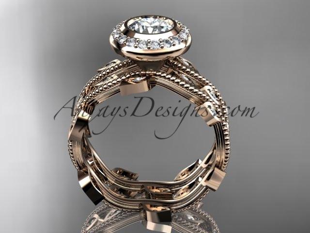 14k rose gold diamond leaf and vine wedding ring, engagement ring, engagement set with a "Forever One" Moissanite center stone ADLR212S - AnjaysDesigns, Moissanite Engagement Sets - Jewelry, Anjays Designs - AnjaysDesigns, AnjaysDesigns - AnjaysDesigns.co, 