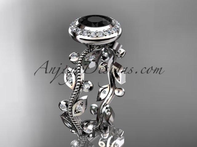 14k white gold diamond leaf and vine wedding ring, engagement ring with a Black Diamond center stone ADLR212 - AnjaysDesigns