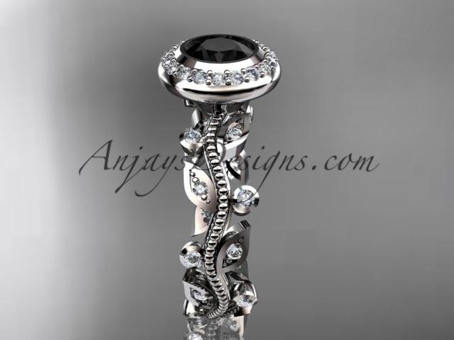 14k white gold diamond leaf and vine wedding ring, engagement ring with a Black Diamond center stone ADLR212 - AnjaysDesigns