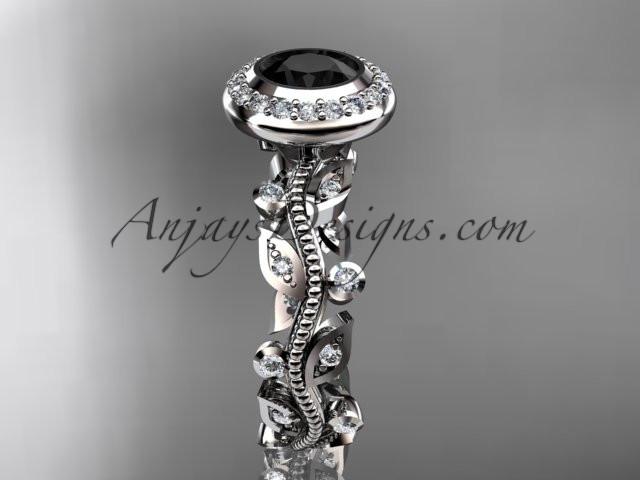 platinum diamond leaf and vine wedding ring, engagement ring with a Black Diamond center stone ADLR212 - AnjaysDesigns