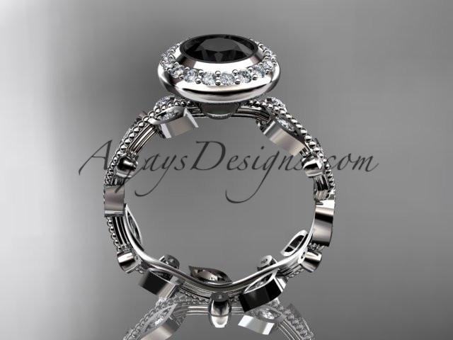 14k white gold diamond leaf and vine wedding ring, engagement ring with a Black Diamond center stone ADLR212 - AnjaysDesigns