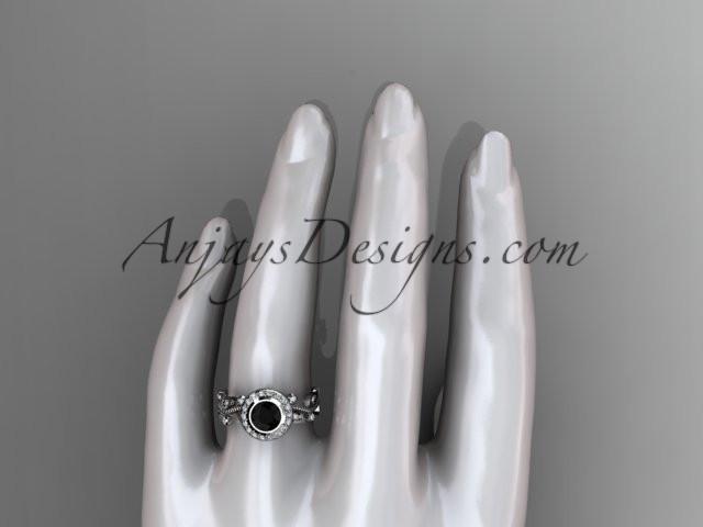platinum diamond leaf and vine wedding ring, engagement ring with a Black Diamond center stone ADLR212 - AnjaysDesigns