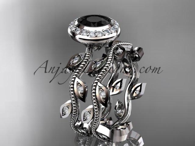 platinum diamond leaf and vine wedding ring, engagement ring, engagement set with a Black Diamond center stone ADLR212S - AnjaysDesigns