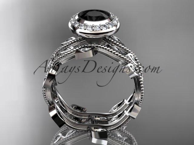 14k white gold diamond leaf and vine wedding ring, engagement ring, engagement set with a Black Diamond center stone ADLR212S - AnjaysDesigns