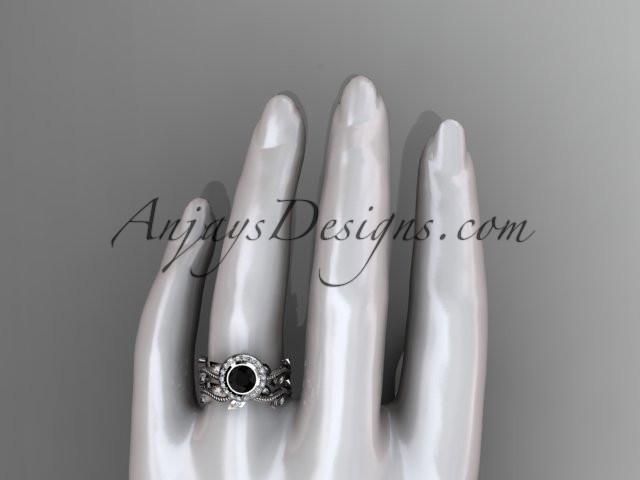 14k white gold diamond leaf and vine wedding ring, engagement ring, engagement set with a Black Diamond center stone ADLR212S - AnjaysDesigns