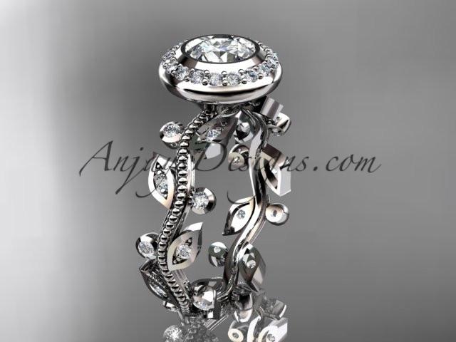 Platinum diamond leaf and vine wedding ring, engagement ring with a "Forever One" Moissanite center stone ADLR212 - AnjaysDesigns