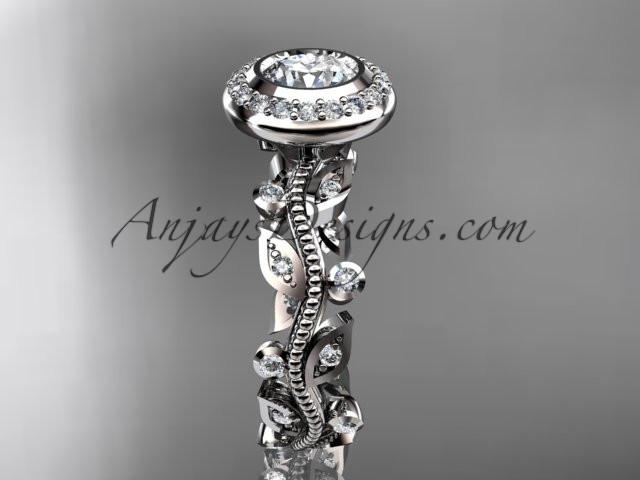 14k white gold diamond leaf and vine wedding ring, engagement ring with a "Forever One" Moissanite center stone ADLR212 - AnjaysDesigns