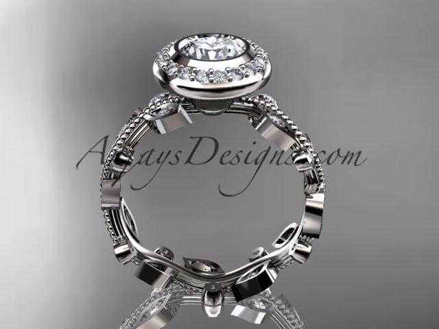 14k white gold diamond leaf and vine wedding ring, engagement ring with a "Forever One" Moissanite center stone ADLR212 - AnjaysDesigns