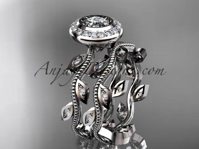 14k white gold diamond leaf and vine wedding ring, engagement ring, engagement set with a "Forever One" Moissanite center stone ADLR212S - AnjaysDesigns