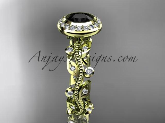 14k yellow gold diamond leaf and vine wedding ring, engagement ring with a Black Diamond center stone ADLR212 - AnjaysDesigns