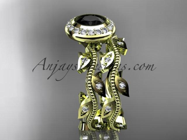14k yellow gold diamond leaf and vine wedding ring, engagement ring, engagement set with a Black Diamond center stone ADLR212S - AnjaysDesigns