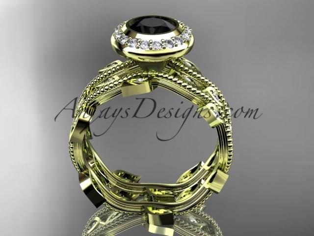 14k yellow gold diamond leaf and vine wedding ring, engagement ring, engagement set with a Black Diamond center stone ADLR212S - AnjaysDesigns