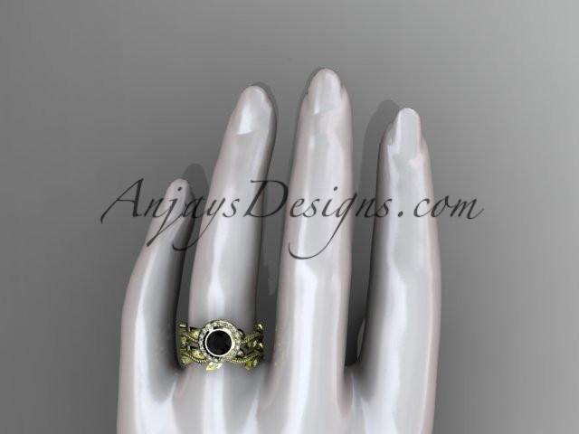 14k yellow gold diamond leaf and vine wedding ring, engagement ring, engagement set with a Black Diamond center stone ADLR212S - AnjaysDesigns