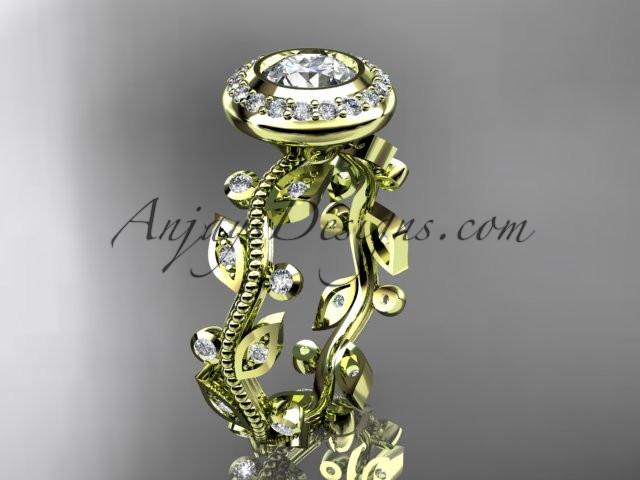 14k yellow gold diamond leaf and vine wedding ring, engagement ring with a "Forever One" Moissanite center stone ADLR212 - AnjaysDesigns