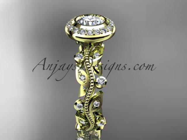 14k yellow gold diamond leaf and vine wedding ring, engagement ring with a "Forever One" Moissanite center stone ADLR212 - AnjaysDesigns