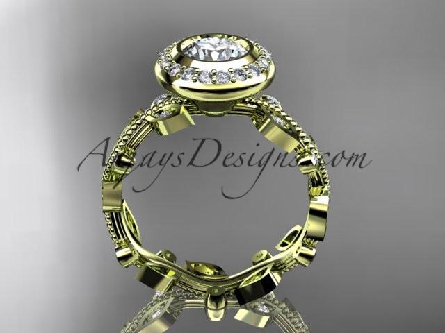 14k yellow gold diamond leaf and vine wedding ring, engagement ring with a "Forever One" Moissanite center stone ADLR212 - AnjaysDesigns