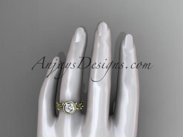 14k yellow gold diamond leaf and vine wedding ring, engagement ring with a "Forever One" Moissanite center stone ADLR212 - AnjaysDesigns