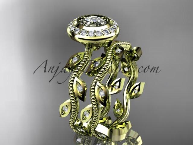 14k yellow gold diamond leaf and vine wedding ring, engagement ring, engagement set with a "Forever One" Moissanite center stone ADLR212S - AnjaysDesigns
