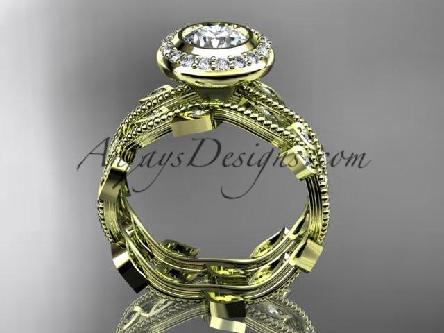 14k yellow gold diamond leaf and vine wedding ring, engagement ring, engagement set ADLR212S - AnjaysDesigns