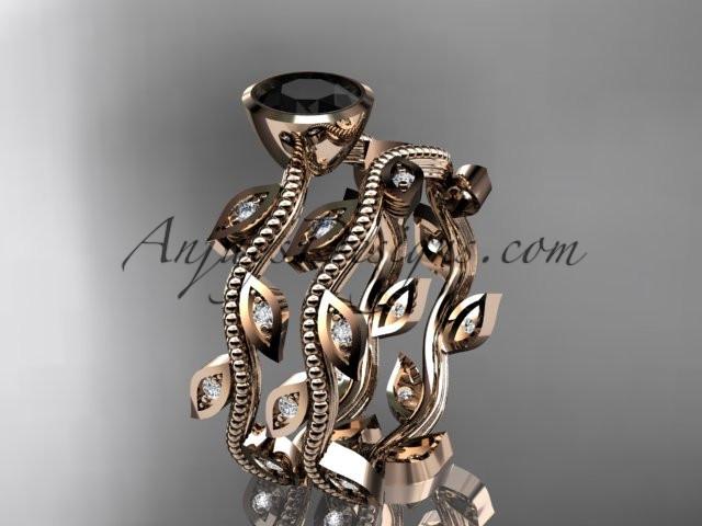 14k rose gold diamond leaf and vine wedding ring, engagement ring, engagement set with a Black Diamond center stone ADLR213S - AnjaysDesigns, Black Diamond Engagement Sets - Jewelry, Anjays Designs - AnjaysDesigns, AnjaysDesigns - AnjaysDesigns.co, 