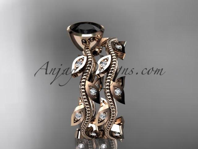 14k rose gold diamond leaf and vine wedding ring, engagement ring, engagement set with a Black Diamond center stone ADLR213S - AnjaysDesigns, Black Diamond Engagement Sets - Jewelry, Anjays Designs - AnjaysDesigns, AnjaysDesigns - AnjaysDesigns.co, 