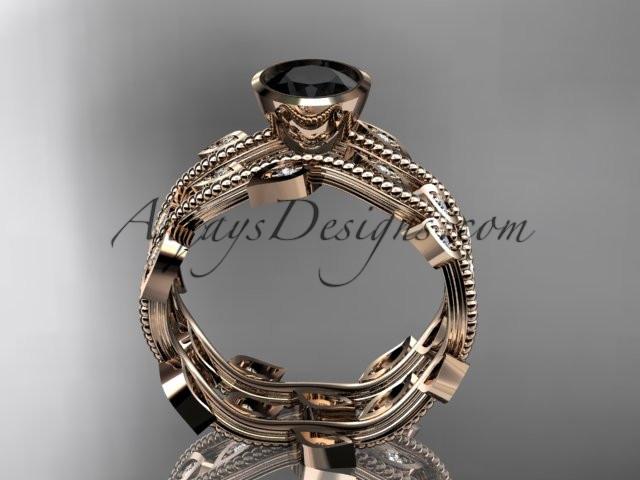 14k rose gold diamond leaf and vine wedding ring, engagement ring, engagement set with a Black Diamond center stone ADLR213S - AnjaysDesigns, Black Diamond Engagement Sets - Jewelry, Anjays Designs - AnjaysDesigns, AnjaysDesigns - AnjaysDesigns.co, 