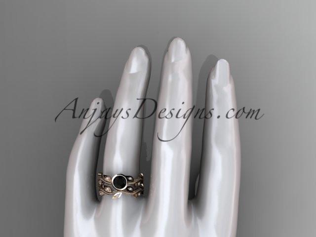 14k rose gold diamond leaf and vine wedding ring, engagement ring, engagement set with a Black Diamond center stone ADLR213S - AnjaysDesigns, Black Diamond Engagement Sets - Jewelry, Anjays Designs - AnjaysDesigns, AnjaysDesigns - AnjaysDesigns.co, 