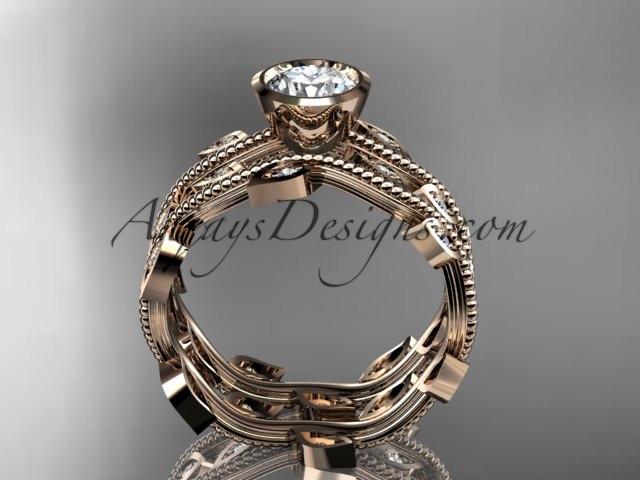 14k rose gold diamond leaf and vine wedding ring, engagement ring, engagement set with a "Forever One" Moissanite center stone ADLR213S - AnjaysDesigns, Moissanite Engagement Sets - Jewelry, Anjays Designs - AnjaysDesigns, AnjaysDesigns - AnjaysDesigns.co, 