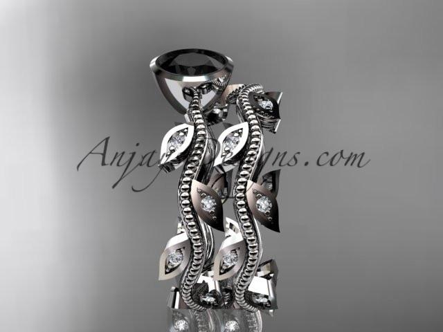platinum diamond leaf and vine wedding ring, engagement ring, engagement set with a Black Diamond center stone ADLR213S - AnjaysDesigns