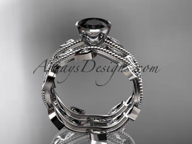 platinum diamond leaf and vine wedding ring, engagement ring, engagement set with a Black Diamond center stone ADLR213S - AnjaysDesigns