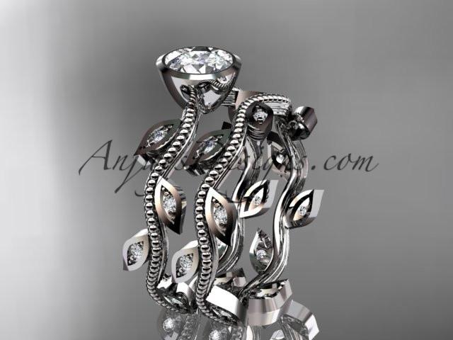 14k white gold diamond leaf and vine wedding ring, engagement ring, engagement set ADLR213S - AnjaysDesigns