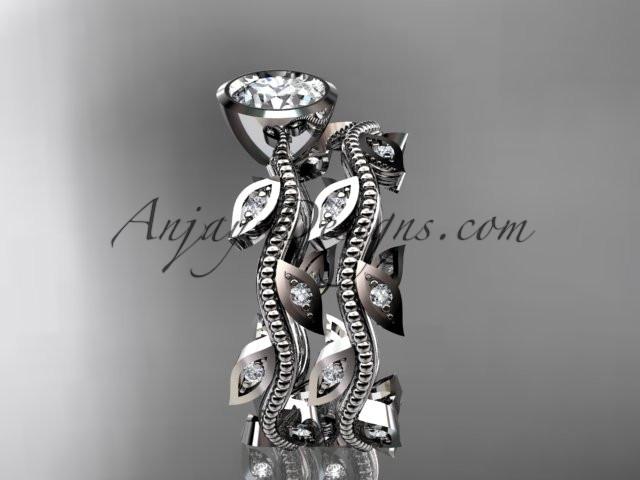 14k white gold diamond leaf and vine wedding ring, engagement ring, engagement set with a "Forever One" Moissanite center stone ADLR213S - AnjaysDesigns