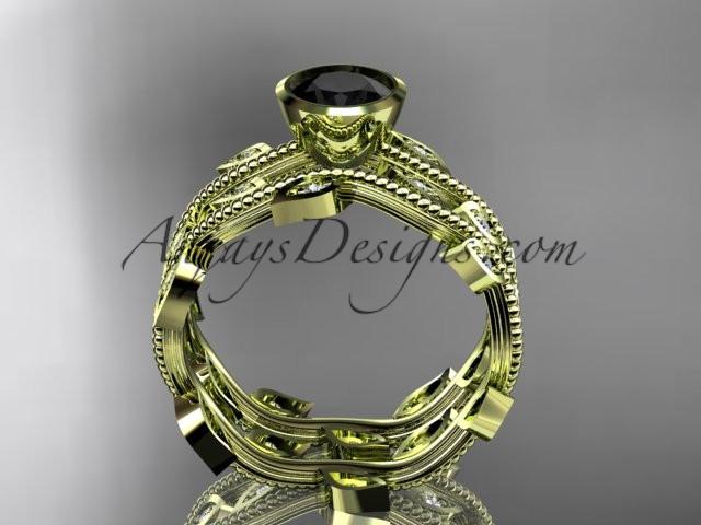 14k yellow gold diamond leaf and vine wedding ring, engagement ring, engagement set with a Black Diamond center stone ADLR213S - AnjaysDesigns