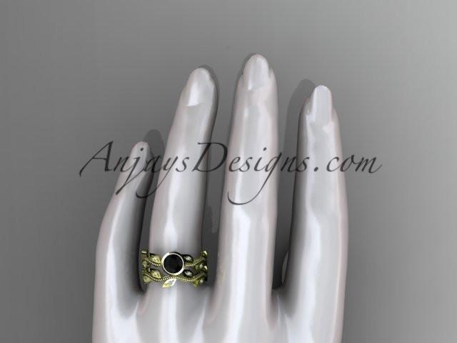 14k yellow gold diamond leaf and vine wedding ring, engagement ring, engagement set with a Black Diamond center stone ADLR213S - AnjaysDesigns