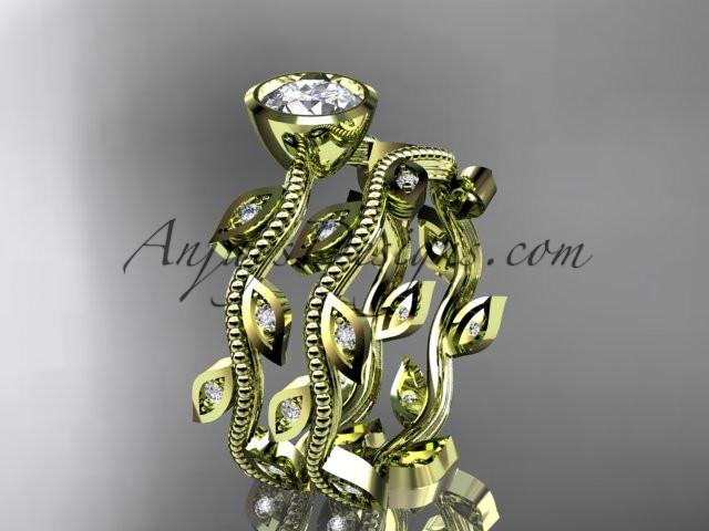 14k yellow gold diamond leaf and vine wedding ring, engagement ring, engagement set ADLR213S - AnjaysDesigns