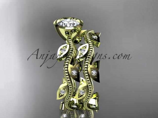 14k yellow gold diamond leaf and vine wedding ring, engagement ring, engagement set with a "Forever One" Moissanite center stone ADLR213S - AnjaysDesigns