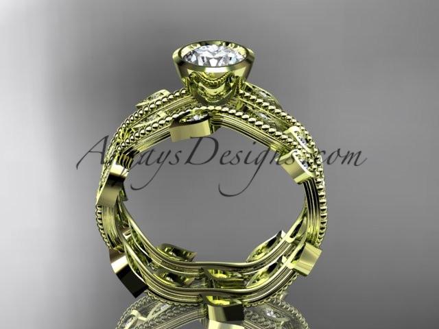 14k yellow gold diamond leaf and vine wedding ring, engagement ring, engagement set ADLR213S - AnjaysDesigns