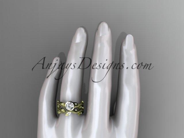 14k yellow gold diamond leaf and vine wedding ring, engagement ring, engagement set with a "Forever One" Moissanite center stone ADLR213S - AnjaysDesigns