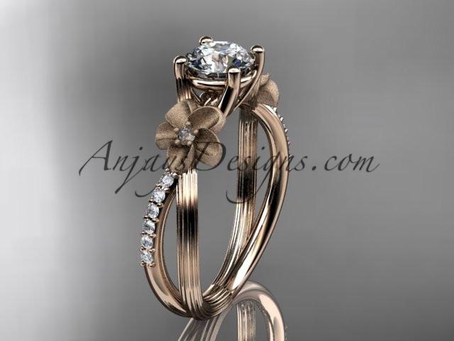 14kt rose gold diamond leaf and vine wedding ring, engagement ring with a "Forever One" Moissanite center stone ADLR214 - AnjaysDesigns