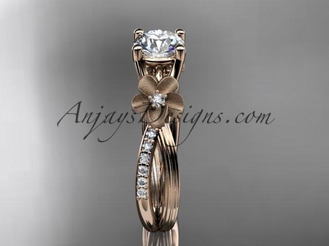 14kt rose gold diamond leaf and vine wedding ring, engagement ring with a "Forever One" Moissanite center stone ADLR214 - AnjaysDesigns