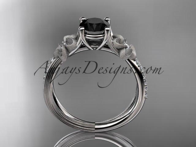 platinum diamond leaf and vine wedding ring, engagement ring with a Black Diamond center stone ADLR214 - AnjaysDesigns