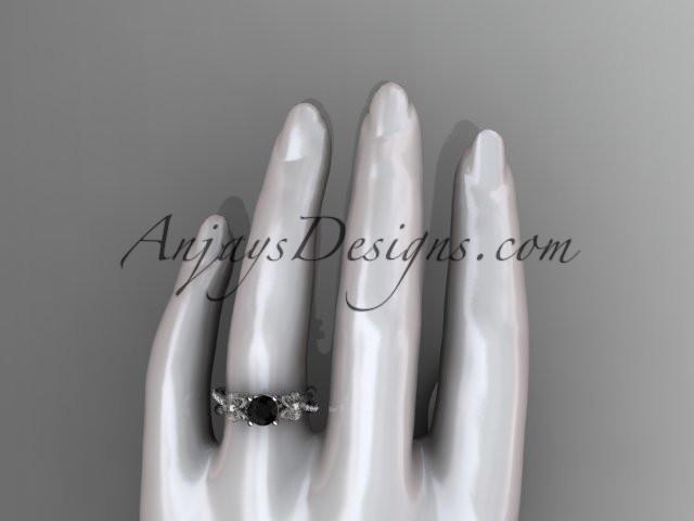 platinum diamond leaf and vine wedding ring, engagement ring with a Black Diamond center stone ADLR214 - AnjaysDesigns