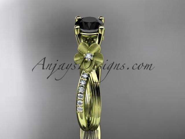 14kt yellow gold diamond leaf and vine wedding ring, engagement ring with a Black Diamond center stone ADLR214 - AnjaysDesigns