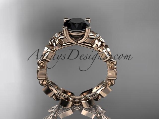 14k rose gold diamond floral leaf and vine wedding ring, engagement ring with a Black Diamond center stone ADLR215 - AnjaysDesigns, Black Diamond Engagement Rings - Jewelry, Anjays Designs - AnjaysDesigns, AnjaysDesigns - AnjaysDesigns.co, 