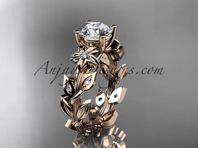 14k rose gold diamond floral leaf and vine wedding ring, engagement ring with a "Forever One" Moissanite center stone ADLR215 - AnjaysDesigns, Moissanite Engagement Rings - Jewelry, Anjays Designs - AnjaysDesigns, AnjaysDesigns - AnjaysDesigns.co, 