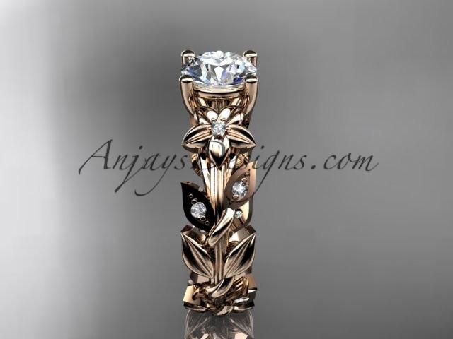 14k rose gold diamond floral leaf and vine wedding ring, engagement ring with a "Forever One" Moissanite center stone ADLR215 - AnjaysDesigns, Moissanite Engagement Rings - Jewelry, Anjays Designs - AnjaysDesigns, AnjaysDesigns - AnjaysDesigns.co, 