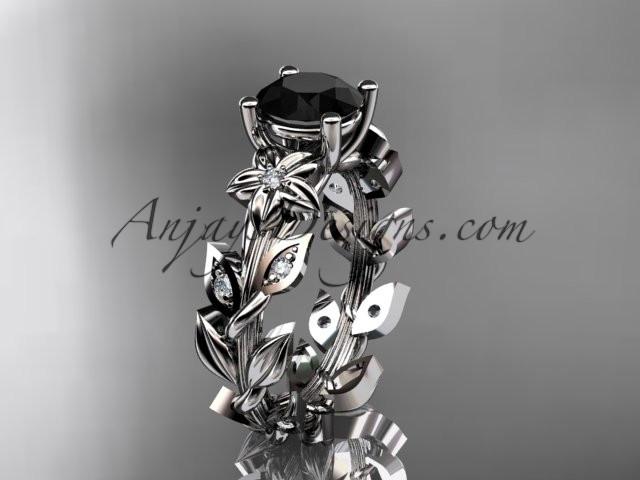 platinum diamond floral leaf and vine wedding ring, engagement ring with a Black Diamond center stone ADLR215 - AnjaysDesigns