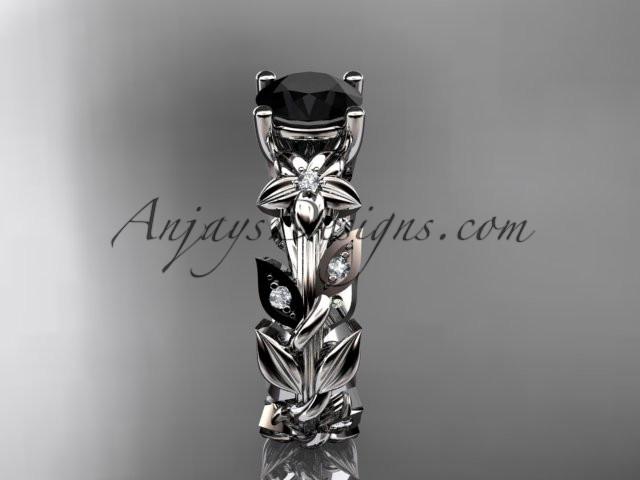 14k white gold diamond floral leaf and vine wedding ring, engagement ring with a Black Diamond center stone ADLR215 - AnjaysDesigns