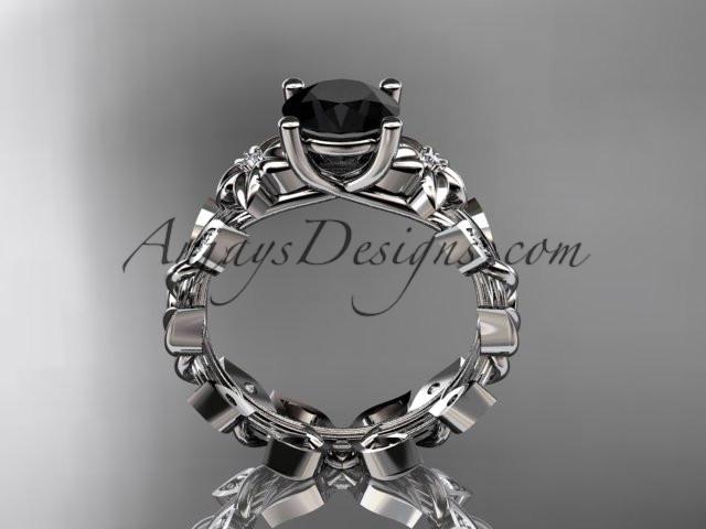 platinum diamond floral leaf and vine wedding ring, engagement ring with a Black Diamond center stone ADLR215 - AnjaysDesigns