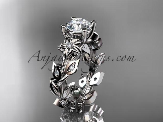 14k white gold diamond floral leaf and vine wedding ring, engagement ring with a "Forever One" Moissanite center stone ADLR215 - AnjaysDesigns